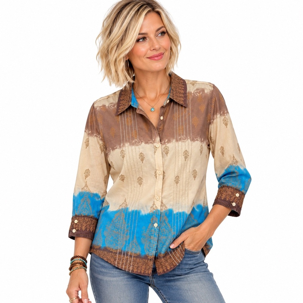 Quizz Again Bazaar Button Down Women Large Brown Blue Tie Dye Paisley Pintuck